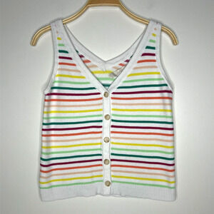 Loft Women's Size‎ Medium Button Front Sweater Tank Cotton Rainbow Stripe